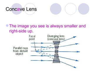 Conc a ve Lens The image you see is always smaller and right-side up. 