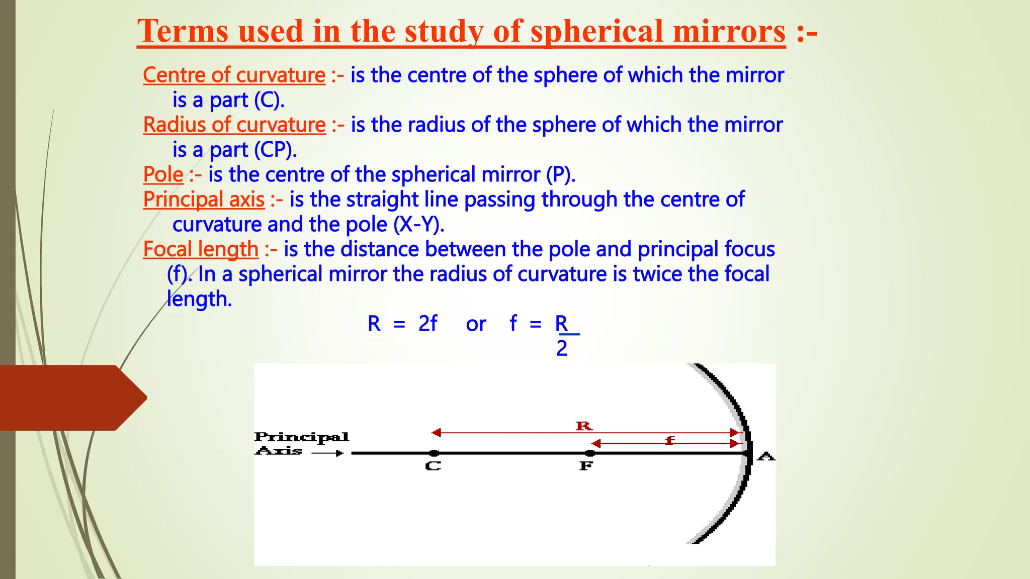 Terms used in the study of spherical mirrors :-
Centre of curvature :- is the centre of the sphere of which the mirror
is a part (C).
Radius of curvature :- is the radius of the sphere of which the mirror
is a part (CP).
Pole :- is the centre of the spherical mirror (P).
Principal axis :- is the straight line passing through the centre of
curvature and the pole (X-Y).
Focal length :- is the distance between the pole and principal focus
(f). In a spherical mirror the radius of curvature is twice the focal
length.
R = 2f or f = R
2
 