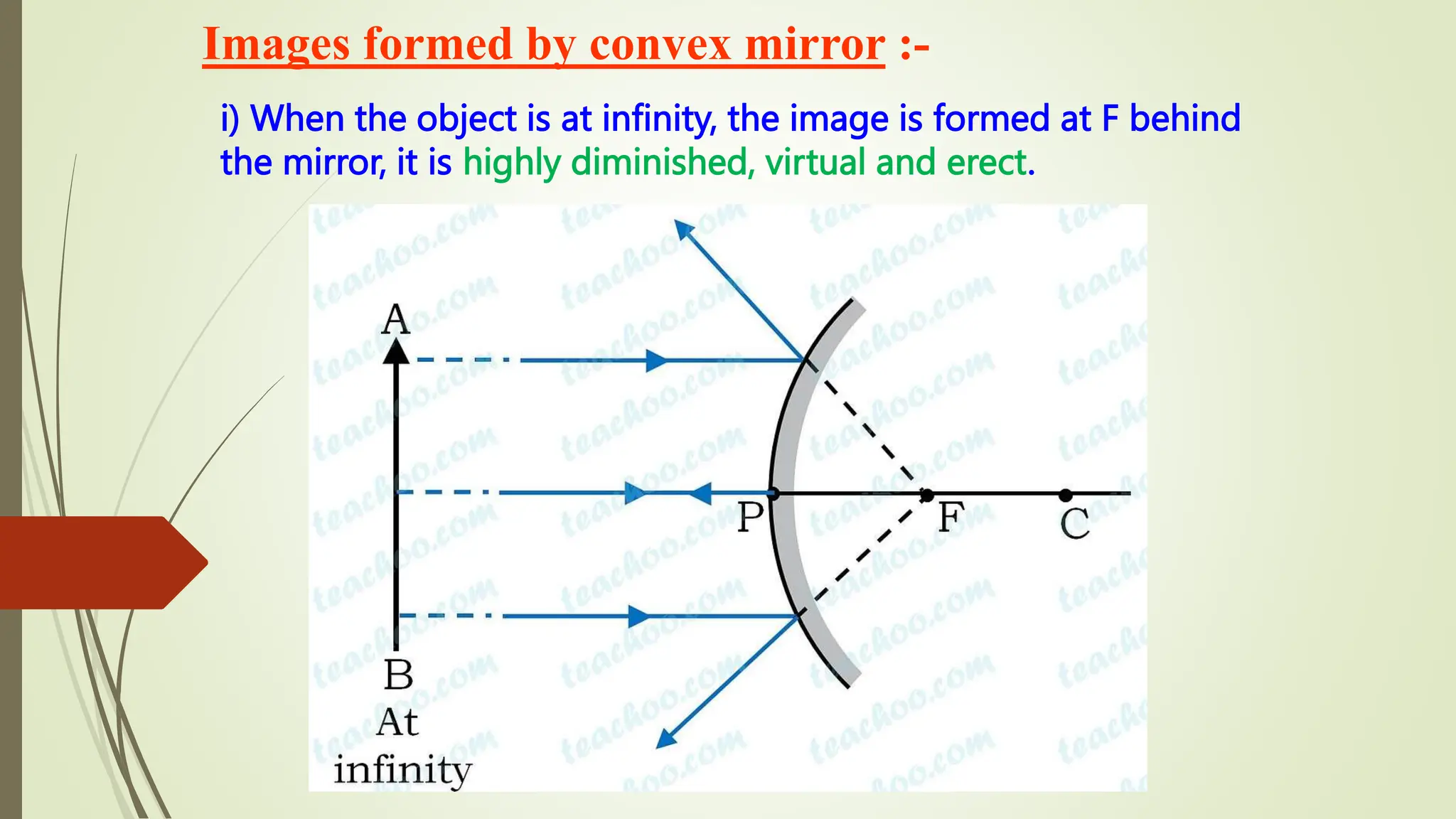 Images formed by convex mirror :-
i) When the object is at infinity, the image is formed at F behind
the mirror, it is highly diminished, virtual and erect.
 