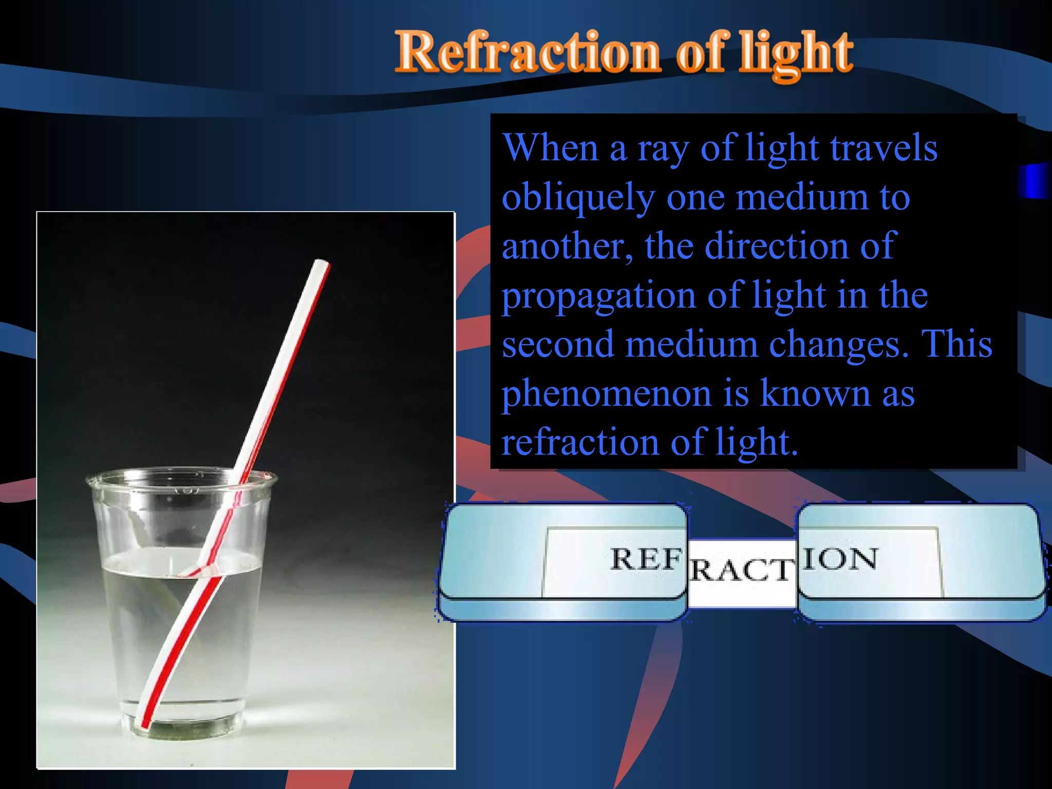 When a ray of light travels 
obliquely one medium to 
another, the direction of 
propagation of light in the 
second medium changes. This 
phenomenon is known as 
refraction of light. 
When a ray of light travels 
obliquely one medium to 
another, the direction of 
propagation of light in the 
second medium changes. This 
phenomenon is known as 
refraction of light. 
 