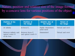 Nature, position and relative size of the image formed 
by a concave lens for various positions of the object 
 