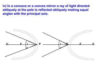 iv) In a concave or a convex mirror a ray of light directed
obliquely at the pole is reflected obliquely making equal
angles with the principal axis.
C F i P i P F C
r r
 