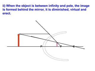 ii) When the object is between infinity and pole, the image
is formed behind the mirror, it is diminished, virtual and
erect.
P F C
 