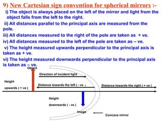 9) New Cartesian sign convention for spherical mirrors :-
i) The object is always placed on the left of the mirror and light from the
object falls from the left to the right.
ii) All distances parallel to the principal axis are measured from the
pole.
iii) All distances measured to the right of the pole are taken as + ve.
iv) All distances measured to the left of the pole are taken as – ve.
v) The height measured upwards perpendicular to the principal axis is
taken as + ve.
vi) The height measured downwards perpendicular to the principal axis
is taken as – ve.
Direction of incident light
Distance towards the left ( - ve ) Distance towards the right ( + ve )
Height
downwards ( - ve )
Height
upwards ( + ve )
Concave mirror
Object
Image
 