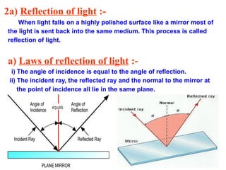 2a) Reflection of light :-
When light falls on a highly polished surface like a mirror most of
the light is sent back into the same medium. This process is called
reflection of light.
a) Laws of reflection of light :-
i) The angle of incidence is equal to the angle of reflection.
ii) The incident ray, the reflected ray and the normal to the mirror at
the point of incidence all lie in the same plane.
 