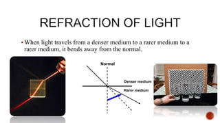 When light travels from a denser medium to a rarer medium to a
rarer medium, it bends away from the normal.
Rarer medium
Denser medium
Normal
 