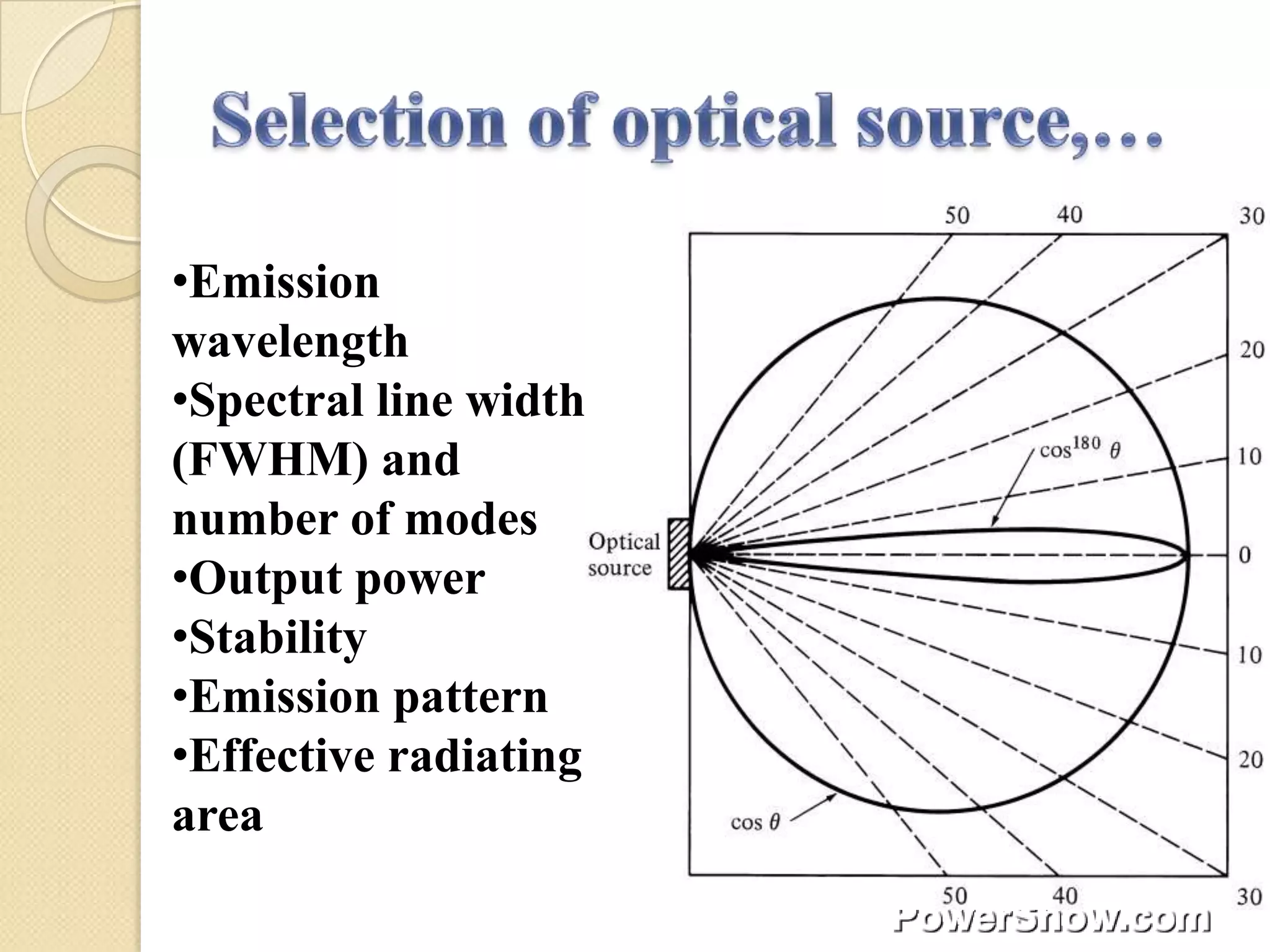 •Emission
wavelength
•Spectral line width
(FWHM) and
number of modes
•Output power
•Stability
•Emission pattern
•Effective radiating
area
 