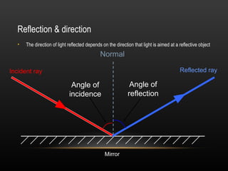Reflection & direction
  •   The direction of light reflected depends on the direction that light is aimed at a reflective object
                                              Normal

Incident ray                                                                             Reflected ray

                              Angle of                        Angle of
                             incidence                       reflection




                                                Mirror
 