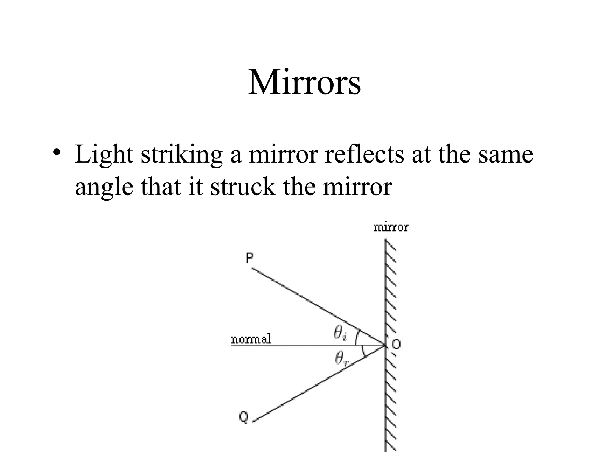 Mirrors
• Light striking a mirror reflects at the same
angle that it struck the mirror

 
