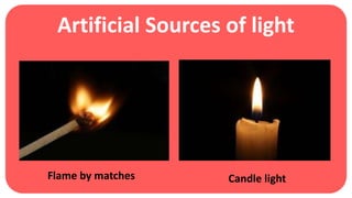 Artificial Sources of light
Flame by matches Candle light
 