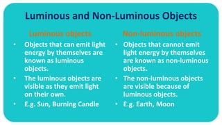 Luminous and Non-Luminous Objects
Luminous objects
• Objects that can emit light
energy by themselves are
known as luminous
objects.
• The luminous objects are
visible as they emit light
on their own.
• E.g. Sun, Burning Candle
Non-luminous objects
• Objects that cannot emit
light energy by themselves
are known as non-luminous
objects.
• The non-luminous objects
are visible because of
luminous objects.
• E.g. Earth, Moon
 