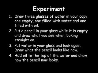 EExxppeerriimmeenntt 
1. Draw three glasses of water in your copy, 
one empty, one filled with water and one 
filled with oil. 
2. Put a pencil in your glass while it is empty 
and draw what you see when looking 
straight on. 
3. Put water in your glass and look again. 
Draw what the pencil looks like now. 
4. Add oil to the top of the water and draw 
how the pencil now looks. 
 