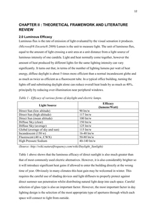 12
CHAPTER II : THEORETICAL FRAMEWORK AND LITERATURE
REVIEW
2.0 Luminous Efficacy
Luminous flux is the rate of emission of light evaluated by the visual sensation it produces.
(Microsoft® Encarta® 2009) Lumen is the unit to measure light. The unit of luminous flux,
equal to the amount of light crossing a unit area at a unit distance from a light source of
luminous intensity of one candela. Light and heat normally come together, however the
amount of heat produced by different lights for the same lighting intensity can vary
significantly. It turns out that, in terms of the number of lighting lumens per watt of heat
energy, diffuse daylight is about 5 times more efficient than a normal incandescent globe and
as much as twice as efficient as a fluorescent tube. In a typical office building, turning the
lights off and substituting daylight alone can reduce overall heat loads by as much as 40%,
principally by reducing over-illumination near peripheral windows.
Table 1 - Efficacy of various forms of daylight and electric lamps.
Light Source
Efficacy
(lumens/Watt)
Direct Sun (low altitude) 90 lm/w
Direct Sun (high altitude) 117 lm/w
Direct Sun (mean altitude) 100 lm/w
Diffuse Sky (clear) 150 lm/w
Diffuse Sky (average) 125 lm/w
Global (average of sky and sun) 115 lm/w
Incandescent (150 w) 16-40 lm/w
Fluorescent (40 w, CWX) 50-80 lm/w
High Pressure Sodium 40-140 lm/w
(Source: http://wiki.naturalfrequency.com/wiki/Daylight_Sunlight)
Table 1 above shows that the luminous efficacy of direct sunlight is also much greater than
that of most commonly used electric alternatives. However, it is also considerably brighter so
it will introduce significant heat gains if allowed to enter the building directly at the wrong
time of year. Obviously in many climates this heat gain may be welcomed in winter. This
requires the careful use of shading devices and light diffusers to properly protect against
direct summer sun penetration whilst distributing natural light deep into each space. Careful
selection of glass type is also an important factor. However, the most important factor in day
lighting design is the selection of the most appropriate type of apertures through which each
space will connect to light from outside.
 