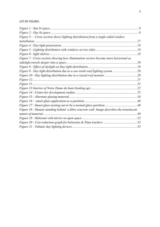 5
LIST OF FIGURES
Figure 1 : Sun lit space..............................................................................................................9
Figure 2 : Day lit space .............................................................................................................9
Figure 3 : - Cross section shows lighting distribution from a single-sided window
installation. ..............................................................................................................................17
Figure 4 : Day light penetration..............................................................................................18
Figure 5 : Lighting distribution with windows on two sides ...................................................18
Figure 6 : light shelves ............................................................................................................18
Figure 7 : Cross section showing how illumination vectors become more horizontal as
sidelight travels deeper into a space........................................................................................19
Figure 8 : Effect of skylight on Day light distribution.............................................................19
Figure 9 : Day light distribution due to a saw tooth roof lighting system ..............................20
Figure 10 : Day lighting distribution due to a raised roof monitor ........................................20
Figure 12..................................................................................................................................21
Figure 11..................................................................................................................................21
Figure 13 Interior of Notre Dame du haut (looking up)..........................................................22
Figure 14 : Center for development studies ............................................................................25
Figure 15 : Alternate glazing material ....................................................................................34
Figure 16 : smart glass application as a partition .................................................................48
Figure 17 : Smart glass turning out to be a normal glass partition........................................48
Figure 18 : Human standing behind a fibre concrete wall. Image describes the translucent
nature of material ....................................................................................................................49
Figure 19 : Heliostat with mirror on open space ....................................................................52
Figure 20 : Cost reduction graph for heliostats & Titan trackers. .........................................52
Figure 21 : Tubular day lighting devices ................................................................................53
 