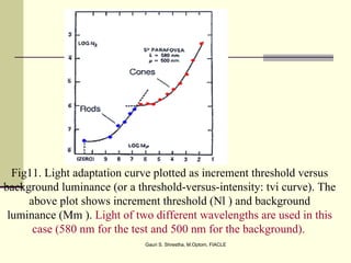 Fig11. Light adaptation curve plotted as increment threshold versus
background luminance (or a threshold-versus-intensity: tvi curve). The
     above plot shows increment threshold (Nl ) and background
 luminance (Mm ). Light of two different wavelengths are used in this
      case (580 nm for the test and 500 nm for the background).
                             Gauri S. Shrestha, M.Optom, FIACLE
 