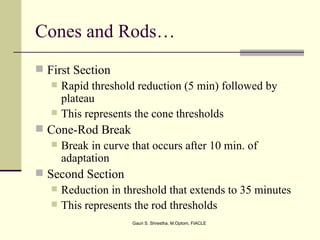 Cones and Rods…
 First Section
    Rapid threshold reduction (5 min) followed by
     plateau
    This represents the cone thresholds
 Cone-Rod Break
    Break in curve that occurs after 10 min. of
     adaptation
 Second Section
    Reduction in threshold that extends to 35 minutes
    This represents the rod thresholds

                    Gauri S. Shrestha, M.Optom, FIACLE
 