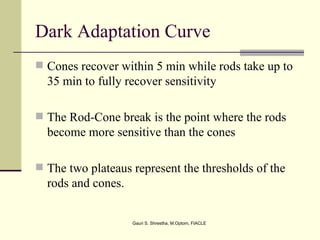 Dark Adaptation Curve
 Cones recover within 5 min while rods take up to
  35 min to fully recover sensitivity

 The Rod-Cone break is the point where the rods
  become more sensitive than the cones

 The two plateaus represent the thresholds of the
  rods and cones.


                    Gauri S. Shrestha, M.Optom, FIACLE
 