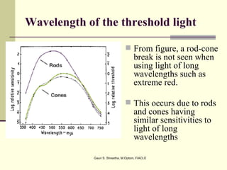 Wavelength of the threshold light

                                  From figure, a rod-cone
                                      break is not seen when
                                      using light of long
                                      wavelengths such as
                                      extreme red.

                                  This occurs due to rods
                                      and cones having
                                      similar sensitivities to
                                      light of long
                                      wavelengths

             Gauri S. Shrestha, M.Optom, FIACLE
 