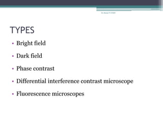 TYPES
• Bright field
• Dark field
• Phase contrast
• Differential interference contrast microscope
• Fluorescence microscopes
Dr.Balaji P CHMC
 