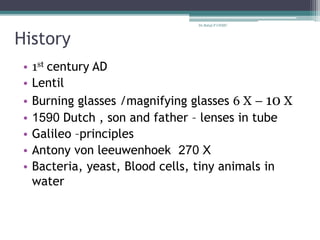 History
• 1st century AD
• Lentil
• Burning glasses /magnifying glasses 6 X – 10 X
• 1590 Dutch , son and father – lenses in tube
• Galileo –principles
• Antony von leeuwenhoek 270 X
• Bacteria, yeast, Blood cells, tiny animals in
water
Dr.Balaji P CHMC
 
