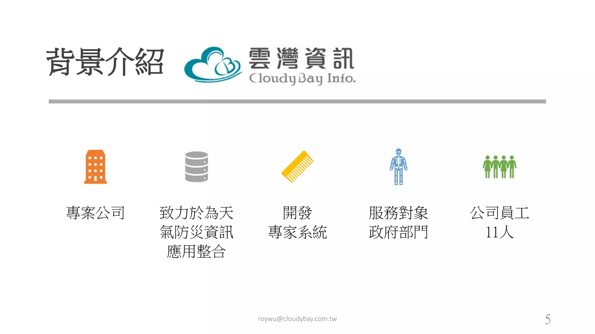 背景介紹
專案公司 致力於為天
氣防災資訊
應用整合
開發
專家系統
服務對象
政府部門
公司員工
11人
roywu@cloudybay.com.tw 5
 