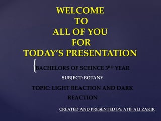 {
WELCOME
TO
ALL OF YOU
FOR
TODAY’S PRESENTATION
BACHELORS OF SCEINCE 3RD YEAR
SUBJECT: BOTANY
TOPIC: LIGHT REACTION AND DARK
REACTION
CREATED AND PRESENTED BY: ATIF ALI ZAKIR
 