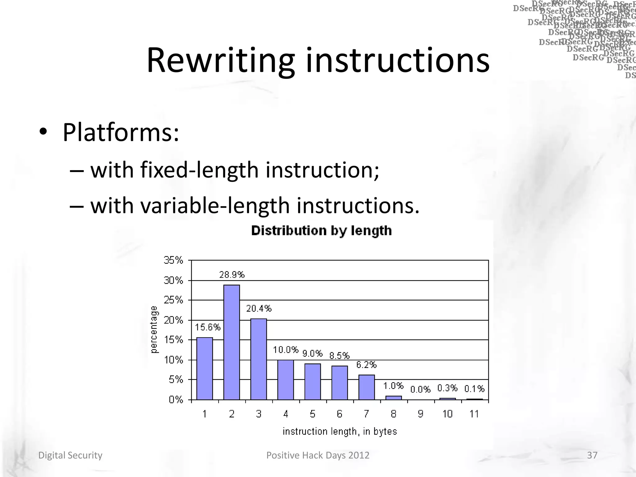 Rewriting instructions
• Platforms:
       – with fixed-length instruction;
       – with variable-length instructions.




Digital Security           Positive Hack Days 2012   37
 