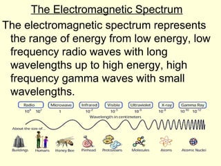 The Electromagnetic Spectrum
The electromagnetic spectrum represents
the range of energy from low energy, low
frequency radio waves with long
wavelengths up to high energy, high
frequency gamma waves with small
wavelengths.
 