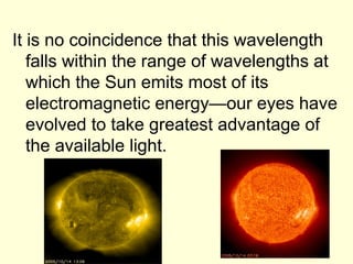 It is no coincidence that this wavelength
falls within the range of wavelengths at
which the Sun emits most of its
electromagnetic energy—our eyes have
evolved to take greatest advantage of
the available light.
 