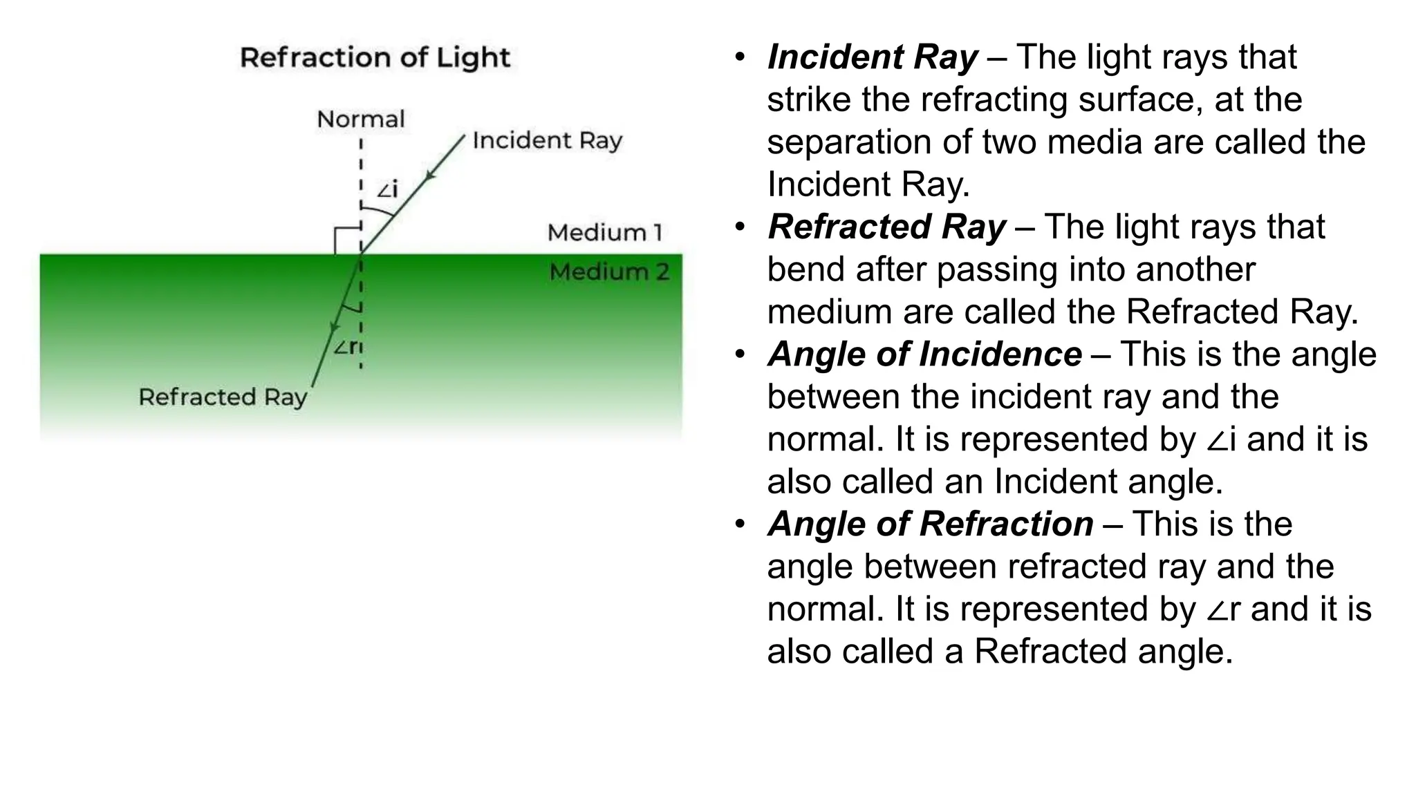 • Incident Ray – The light rays that
strike the refracting surface, at the
separation of two media are called the
Incident Ray.
• Refracted Ray – The light rays that
bend after passing into another
medium are called the Refracted Ray.
• Angle of Incidence – This is the angle
between the incident ray and the
normal. It is represented by ∠i and it is
also called an Incident angle.
• Angle of Refraction – This is the
angle between refracted ray and the
normal. It is represented by ∠r and it is
also called a Refracted angle.
 