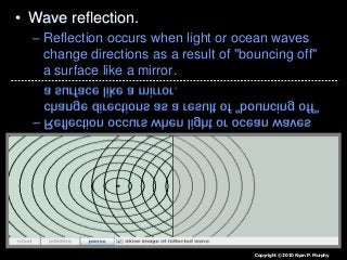• Wave reflection.
– Reflection occurs when light or ocean waves
change directions as a result of "bouncing off"
a surface like a mirror.
Copyright © 2010 Ryan P. Murphy
 