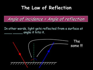 The Law of Reflection

  Angle of incidence = Angle of reflection

In other words, light gets reflected from a surface at
____ _____ angle it hits it.

                                               The
                                             same !!!
 