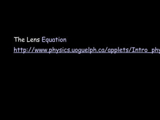 The Lens Equation
http://www.physics.uoguelph.ca/applets/Intro_phy
 
 