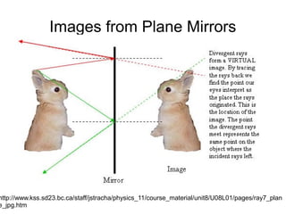Images from Plane Mirrors
      ●   Plane mirrors form images which are:
          1. the same size
          2. the same distance from the mirror
          3. laterally inverted (left and right swapped).
      ●   A great site below:




http://www.kss.sd23.bc.ca/staff/jstracha/physics_11/course_material/unit8/U08L01/pages/ray7_plan
e_jpg.htm
 