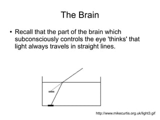 The Brain
●   Recall that the part of the brain which
    subconsciously controls the eye 'thinks' that
    light always travels in straight lines.




                                 http://www.mikecurtis.org.uk/light3.gif
 