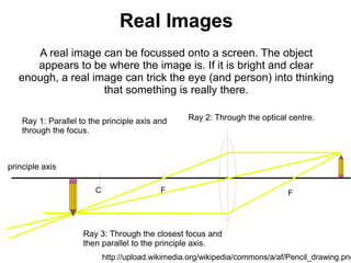 Real Images
      A real image can be focussed onto a screen. The object
      appears to be where the image is. If it is bright and clear
   enough, a real image can trick the eye (and person) into thinking
                    that something is really there.

    Ray 1: Parallel to the principle axis and      Ray 2: Through the optical centre.
    through the focus.



principle axis

                        C                   F                                 F




                     Ray 3: Through the closest focus and
                     then parallel to the principle axis.
                            http://upload.wikimedia.org/wikipedia/commons/a/af/Pencil_drawing.png
 