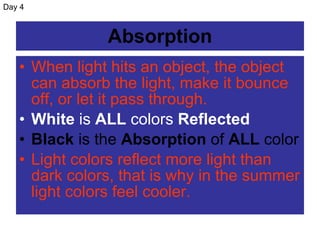 Absorption When light hits an object, the object can absorb the light, make it bounce off, or let it pass through. White  is  ALL  colors  Reflected Black  is the  Absorption  of  ALL  color Light colors reflect more light than dark colors, that is why in the summer light colors feel cooler. Day 4 
