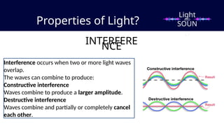 Properties of Light?
INTERFERE
NCE
Interference occurs when two or more light waves
overlap.
The waves can combine to produce:
Constructive interference
Waves combine to produce a larger amplitude.
Destructive interference
Waves combine and partially or completely cancel
each other.
Light
SOUN
D
AND
 