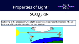 Properties of Light?
SCATTERIN
G
Scattering is the process in which light is redirected in different directions when it
interacts with particles or molecules in a medium.
Light
SOUN
D
AND
 