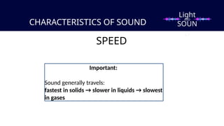 CHARACTERISTICS OF SOUND
SPEED
Important:
Sound generally travels:
fastest in solids → slower in liquids → slowest
in gases
Light
SOUN
D
AND
 