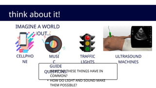 think about it!
IMAGINE A WORLD
WITHOUT...
GUIDE
QUESTIONS:
• WHAT DO THESE THINGS HAVE IN
COMMON?
• HOW DO LIGHT AND SOUND MAKE
THEM POSSIBLE?
CELLPHO
NE
MUSI
C
TRAFFIC
LIGHTS
ULTRASOUND
MACHINES
 
