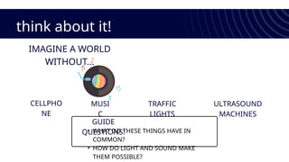 think about it!
IMAGINE A WORLD
WITHOUT...
GUIDE
QUESTIONS:
• WHAT DO THESE THINGS HAVE IN
COMMON?
• HOW DO LIGHT AND SOUND MAKE
THEM POSSIBLE?
CELLPHO
NE
MUSI
C
TRAFFIC
LIGHTS
ULTRASOUND
MACHINES
 