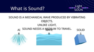 What is Sound?
SOUND IS A MECHANICAL WAVE PRODUCED BY VIBRATING
OBJECTS.
UNLIKE LIGHT,
SOUND NEEDS A MEDIUM TO TRAVEL.
AI
R
WATE
R
SOLID
S
Light
SOUN
D
AND
 