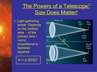 The Powers of a Telescope:
                              0



         Size Does Matter!
1. Light-gathering
   power: Depends
   on the surface
   area A of the
   primary lens /
   mirror,           D
   proportional to
   diameter
   squared:

  A = π (D/2)2
 