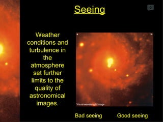 Seeing                     0




    Weather
conditions and
 turbulence in
       the
  atmosphere
   set further
  limits to the
    quality of
 astronomical
    images.
                  Bad seeing   Good seeing
 