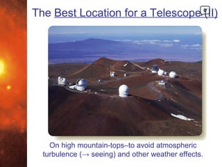 The Best Location for a Telescope (II)               0




    On high mountain-tops–to avoid atmospheric
  turbulence (→ seeing) and other weather effects.
 