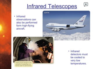 Infrared Telescopes
                                       0




• Infrared
  observations can
  also be performed
  form high-flying
  aircraft.




                         • Infrared
                           detectors must
                           be cooled to
                           very low
                           temperatures.
 