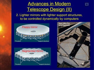 Advances in Modern                            0


        Telescope Design (II)
2. Lighter mirrors with lighter support structures,
   to be controlled dynamically by computers

    Floppy mirror




    Segmented mirror
 