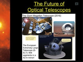 The Future of                   0



    Optical Telescopes
The Giant Magellan Telescope (2016)




The European
Extremely Large
Telescope (E-
ELT): 906
segments in a
42-m mirror!
 