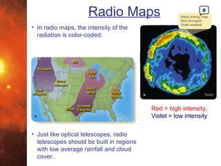 Radio Maps                               0



• In radio maps, the intensity of the
  radiation is color-coded:




                                          Red = high intensity;
                                          Violet = low intensity

• Just like optical telescopes, radio
  telescopes should be built in regions
  with low average rainfall and cloud
  cover.
 